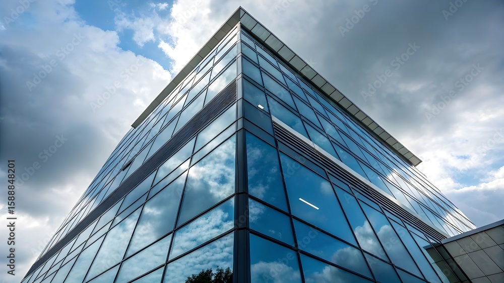 Obraz premium Modern Office Building with Glass Facade Reflecting Cloudy Sky – Contemporary Architecture