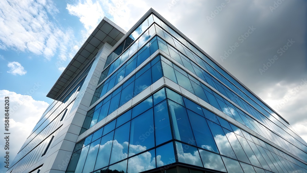 Obraz premium Modern Office Building with Glass Facade Reflecting Cloudy Sky – Contemporary Architecture