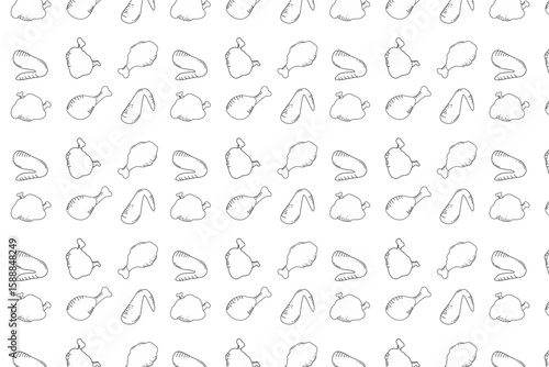 Seamless vector pattern featuring cartoon-style fried chicken pieces including wings, drumsticks, and breasts. Ideal for food packaging, fast food branding, restaurant menus, and background