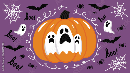 Halloween themed illustration with pumpkin ghosts bats spiders and boo text on a purple background