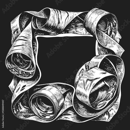 An ornate square frame made of rolled ribbons and scrolls, rendered in a detailed black and white illustration style