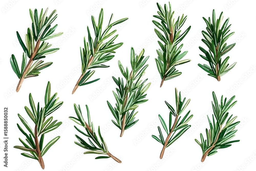 Obraz premium Fresh rosemary sprigs with green needle-like leaves and brown stems on white background, isolated botanical herb elements for culinary and design projects.