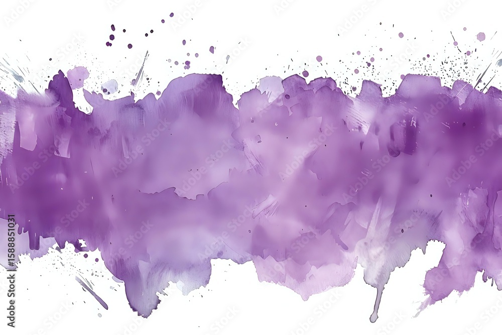 Fototapeta premium Purple watercolor brush stroke with splatter effect on white background, artistic abstract horizontal banner design element for creative projects.