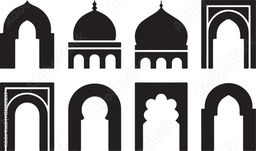 Black and White Islamic Icon Set Featuring Mosque Domes, Crescent Moons, Stars, Flags, Droplets, and Text Elements for Muharram and Gratitude Planner Inserts