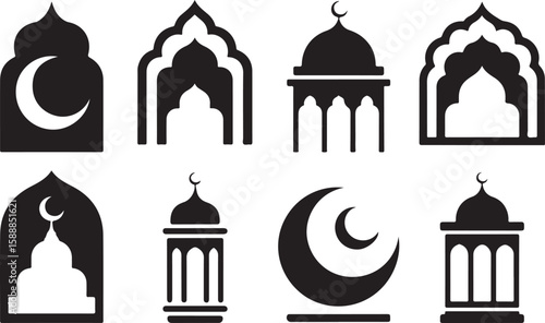 Black and White Islamic Icon Set Featuring Mosque Domes, Crescent Moons, Stars, Flags, Droplets, and Text Elements for Muharram and Gratitude Planner Inserts
