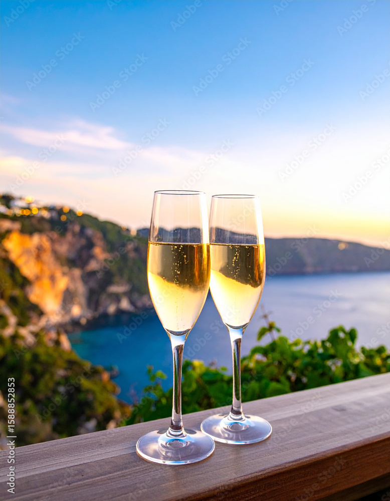 Fototapeta premium Two glasses of sparkling wine clinking together on a cliffside terrace at twilight.