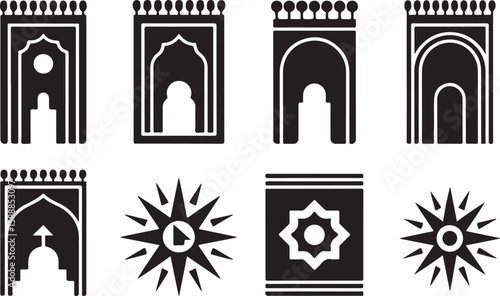 Black and White Islamic Icon Set Featuring Mosque Domes, Crescent Moons, Stars, Flags, Droplets, and Text Elements for Muharram and Gratitude Planner Inserts