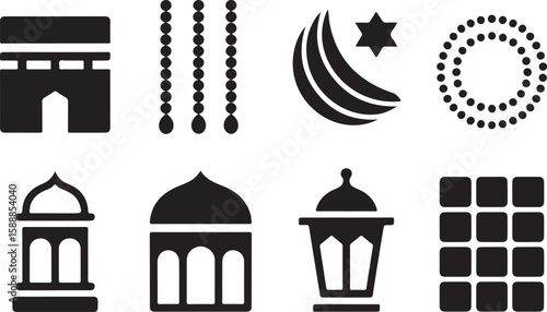 Islamic Celebration Icon Set Featuring Kaaba, Prayer Beads, Crescent Moon and Star, Lanterns, and Decorative Motifs in Black and White