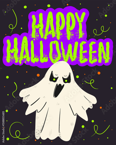 Happy Halloween card. Doodle style poster with spooky ghost. Flat vector illustration.