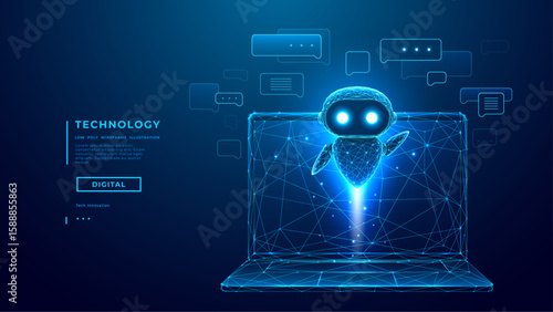 Hologram of AI Robot or Chatbot with Speech Bubbles Fly Over Opened Laptop on Technology Blue Background. AI Chat Bot Mascot. Low Poly Wireframe Tech Bg. Support Assistant. Digital Vector Illustration