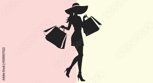 Stylish woman shopping with bags against pastel background  and free space