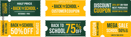 Back to school sale ticket, coupon vector template set. Discount, new offer, promotion shopping sticker collection