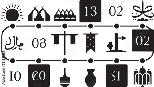 Black and White Timeline and Flowchart Graphic Featuring Icons of Sun, Tents, Flags, Jug, Architectural Structures, and Stylized Numerical Text