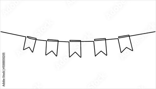 Continuous line art drawing buntings garland. Celebration party hand drawn flags. Continuous line drawing. Buntings garland. Party flags. Symbol of celebration.