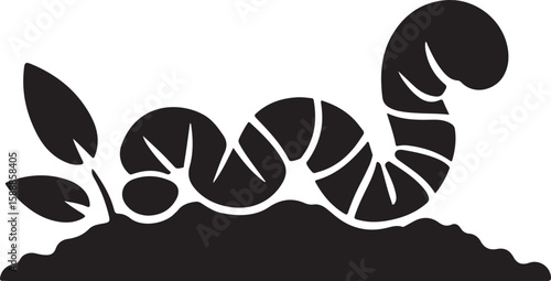 Black Silhouette of an Earthworm and Plant in Fertile Soil