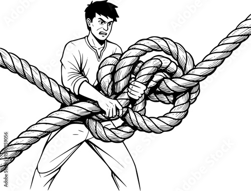 A metaphor for emotional despair. A person is desperately trying to untangle a huge, complex knot of rope, symbolizing complicated problems.