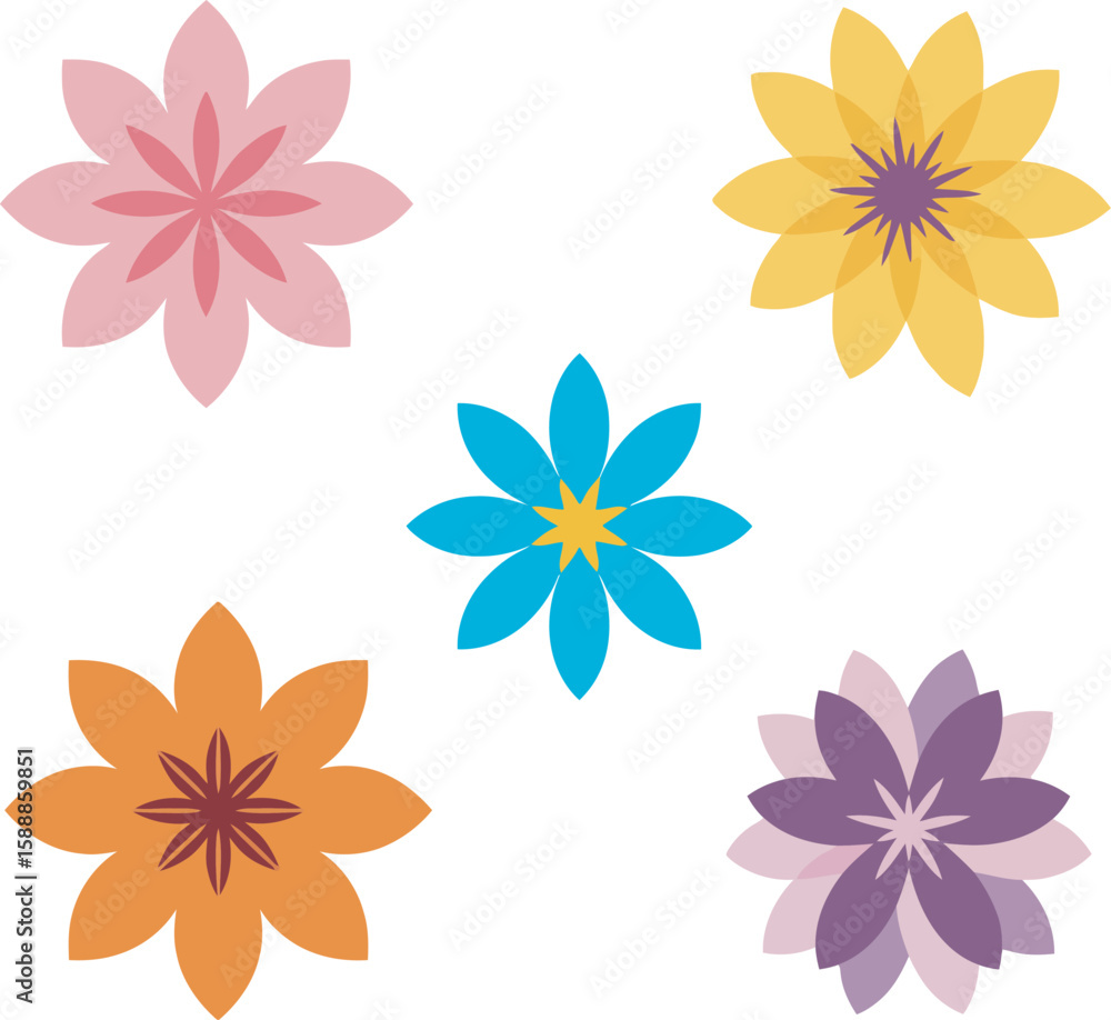 Fototapeta premium Colorful stylized flower designs arranged in a grid pattern.