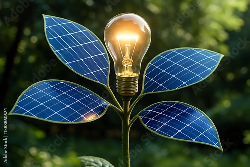 A flower in the shape of a light bulb and petals in the shape of solar panels shows the environmental benefits of using renewable energy.
