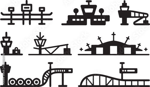 Black and White Airport Icon Set Featuring Control Towers, Jet Bridges, Airplanes, Terminals, and Baggage Carousels in a Minimal Graphic Style