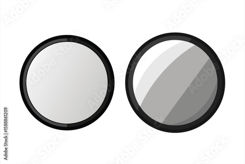 Two circular mirrors with black frames, one reflecting a blank surface and the other a shaded surface, presented on white