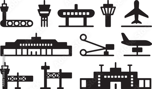 Black and White Airport Icon Set Featuring Control Towers, Jet Bridges, Airplanes, Terminals, and Baggage Carousels in a Minimal Graphic Style