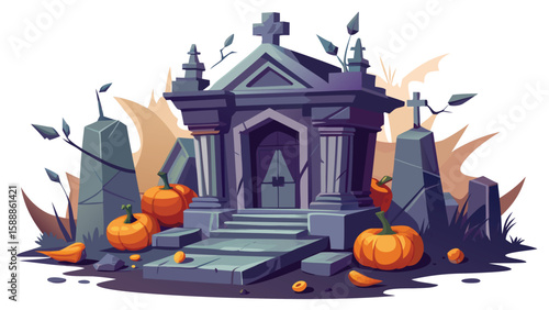 A spooky mausoleum with pumpkins and tombstones in a halloween themed cartoon illustration