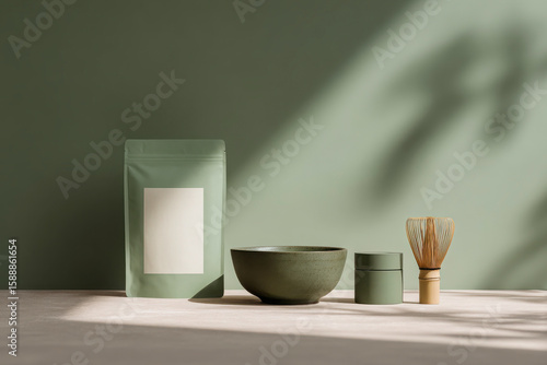Minimalist matcha tea set with green packaging