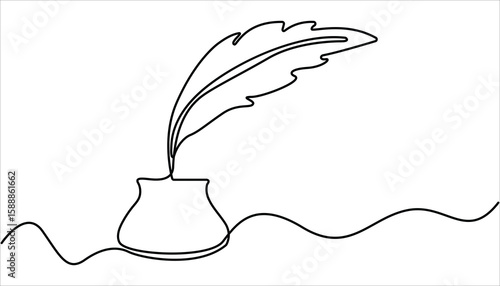 Inkwell and pen continuous line drawing. One line feather with ink vector, Continuous One line drawing of Traditional Quill and Ink. Scroll with inkwell and feather continuous line drawing.

