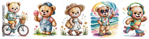 Set of cute teddy bear characters in summer clothes doing activities like biking, taking selfies, skating, eating ice cream. Watercolor style, isolated on transparent background,  t-shirt design
