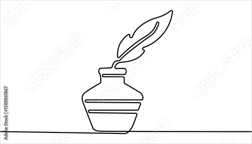 Inkwell and pen continuous line drawing. One line feather with ink vector, Continuous One line drawing of Traditional Quill and Ink. Scroll with inkwell and feather continuous line drawing.

