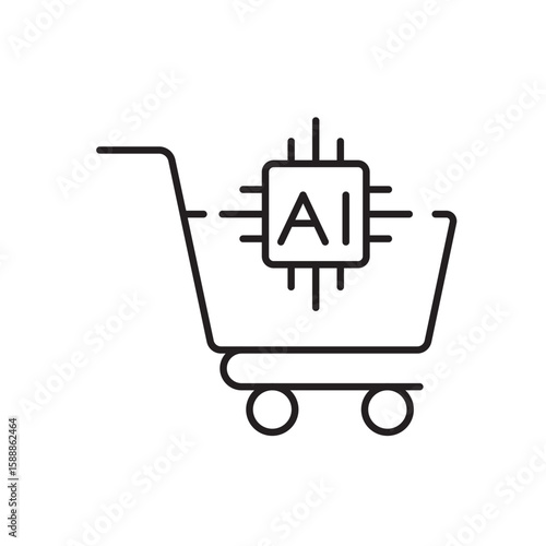 A vector icon of a shopping cart with an AI chip, representing smart shopping and artificial intelligence in retail, created in line style with editable stroke