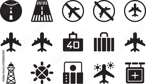 Silhouette grid of 15 air travel and airport icons including runways, airplanes with prohibitory signs, luggage, control tower, and various aviation-related symbols

