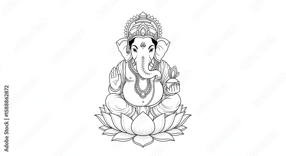 Obraz premium Serene Line Art Illustration of Ganesha Seated on Lotus, Hindu Deity, Spiritual, Peaceful, Black and White Design.