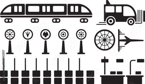 Silhouette icon set featuring train, ground support vehicle, radar with airplane, pole signs, abstract barriers or lights, and conveyor or counter system elements

