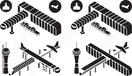 Silhouette set of six complex airport operation icons showing airplane gate interactions, movement arrows, baggage carousels, control tower, and terminal flow layouts