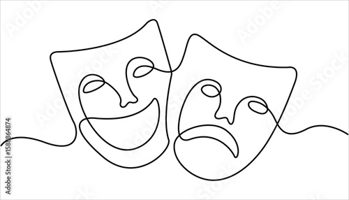 Greek mask continuous one line drawing, opera event symbols continuous hand drawn. Theater mask continuous one line drawing, Theater mask tragedy and humor one line continuous line art.