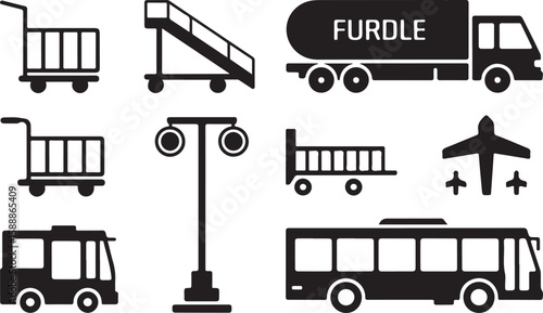 Silhouette icon set of airport ground support and transport vehicles including carts, airplane staircase, tanker truck labeled FURDLE, lamppost, airplane, and buses
