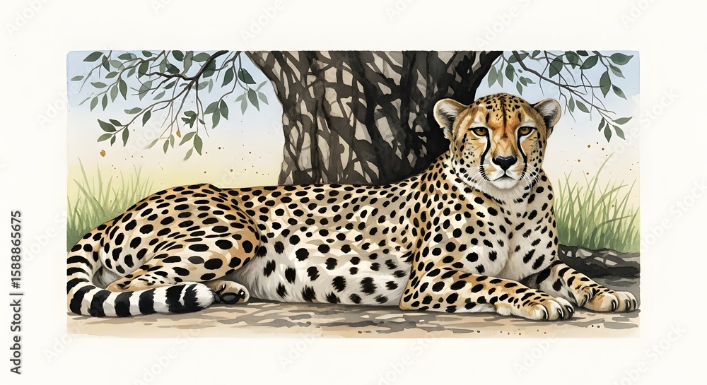 Naklejka premium Captivating Cheetah Artwork A Detailed Wildlife Illustration Under Shady Tree, Depicting Beauty and Grace in Nature