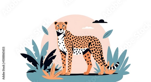 Majestic Cheetah Illustration Wildlife Art Amidst Lush Foliage for Nature Enthusiasts and Graphic Design Projects