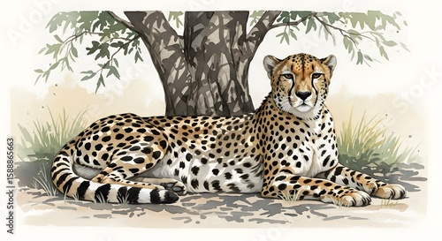 Elegant Cheetah Illustration Resting Under a Tree Wildlife Portrait for Nature Art Enthusiasts