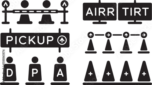 Silhouette icon set featuring airport and transportation elements such as baggage claim carousels, PICKUP signs, AIRR and TIRT monitors, queue barriers, and symbols