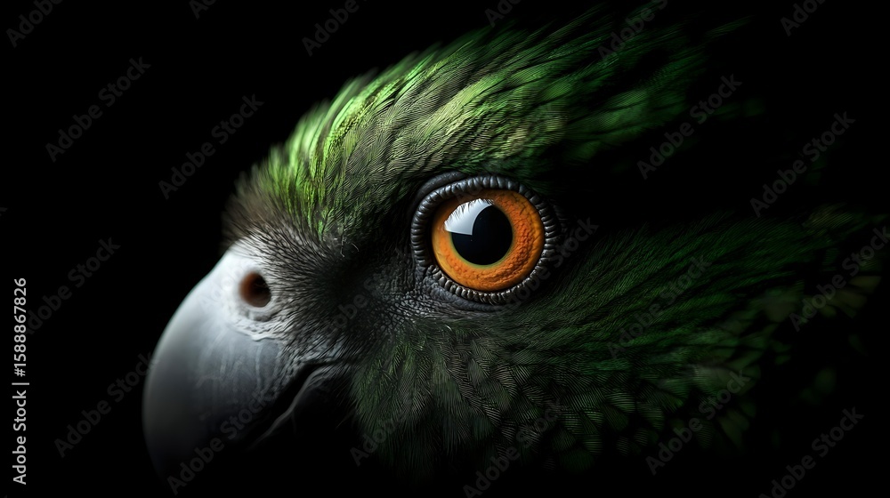 Obraz premium Close-up portrait of green parrot with striking amber eye against dark background, dramatic lighting highlights feather detail and curved beak in moody nature photography.