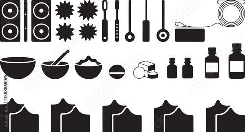 Silhouette collection of crafting, cooking, and lab tool icons with burners, bowls, stirring tools, ingredient bottles, and abstract jagged shapes