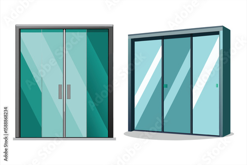 Two modern glass doors, one a double door and the other a sliding door, showcasing a sleek design on a white background