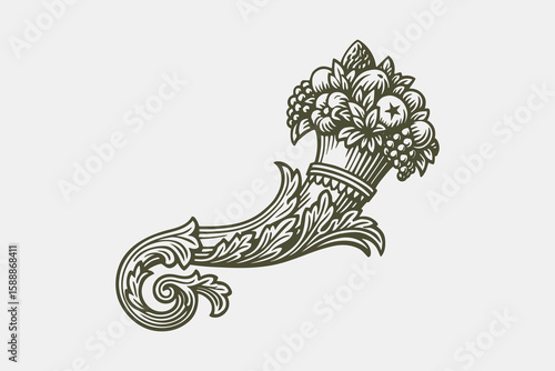 Cornucopia horn of plenty engraving style vector illustration
