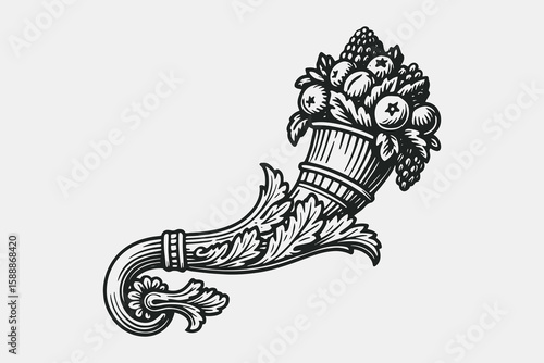 Cornucopia horn of plenty engraving style vector illustration