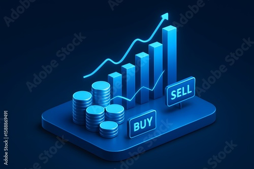 Blue 3d isometric trading chart with growing bars and buy sell buttons