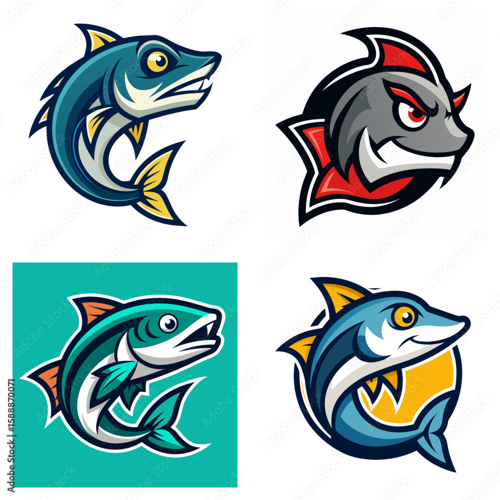 Fototapeta premium Collection of four cartoonish fish designs with various colors and styles on a white background artfully arranged