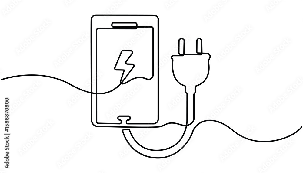 Obraz premium One continuous line drawing of phone charger icon. Lightning bolt symbol and electricity energy type sign in simple linear style. Continuous one line drawing of battery charging Lightning bolt symbol 
