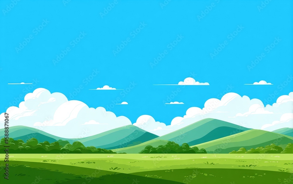 Fototapeta premium Wide landscape view of a verdant valley under a vibrant blue sky dotted with fluffy white clouds. Rolling hills and meadows extend to the horizon
